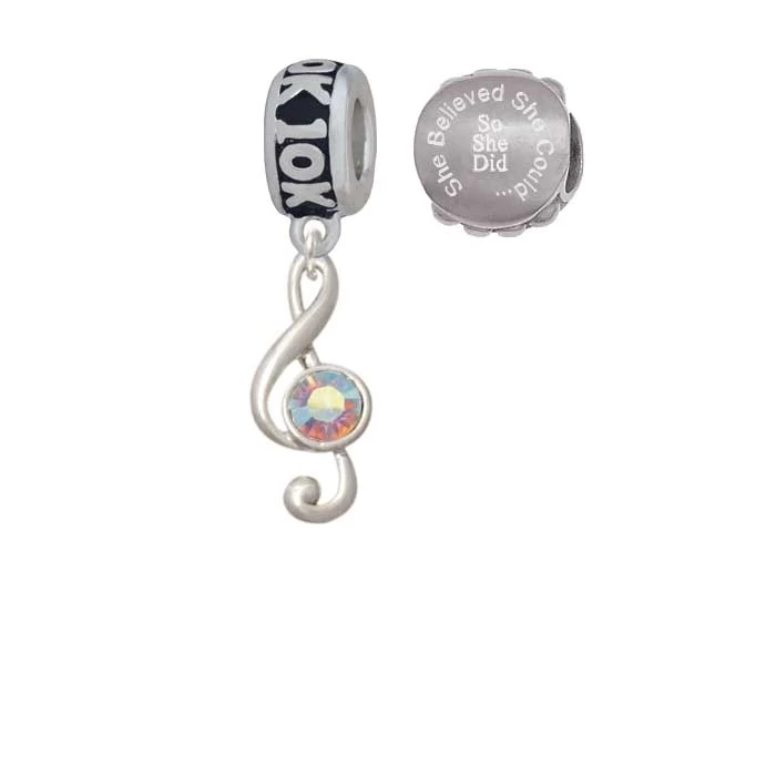 Silvertone Medium Clef with AB Crystal 10K Run She Believed She Could Charm Beads (Set of 2)