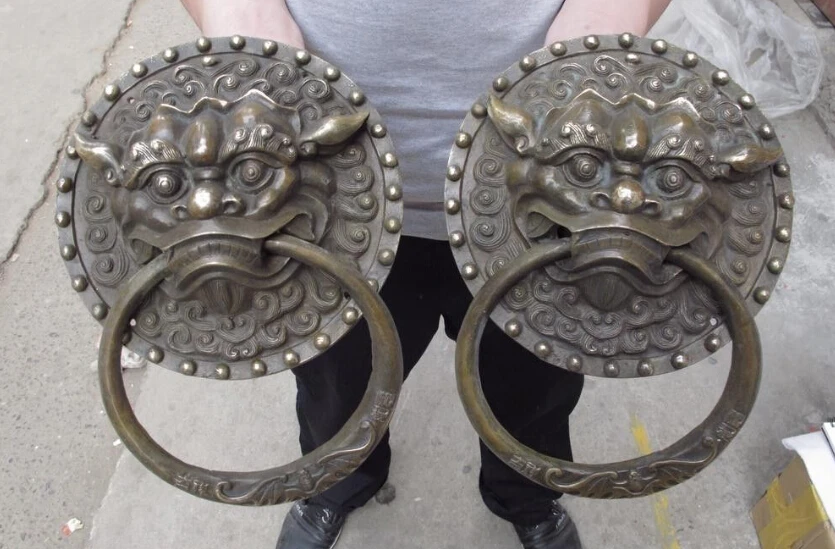 

Tibet Folk Copper Bronze wealth lucky foo dog lion Head Door handle Knocker Pair