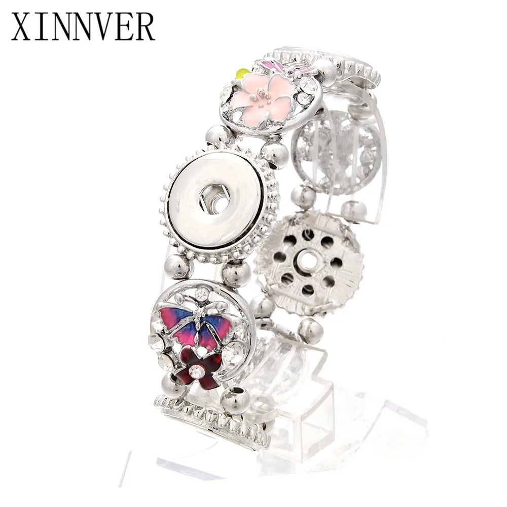 

18MM Snap Button Women Butterfly Flower Metal Bangle Elasticity Bracelet Retro Silver Color Bohemia Charms Bangles Cuff Jewelry