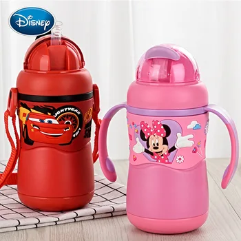 

Disney Minnie Mickey straw cup with handle stainless steel cartoon water bottle portable infant anti-smashing drinking cup