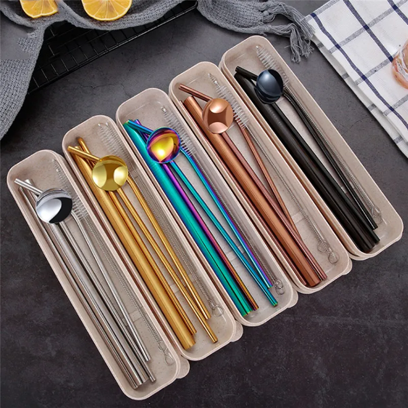 

7Pcs/set Reusable Drinking Straw 304 Stainless Steel Metal Straw with Cleaner Brush Carry Box Drinking Straw Spoon For Mugs