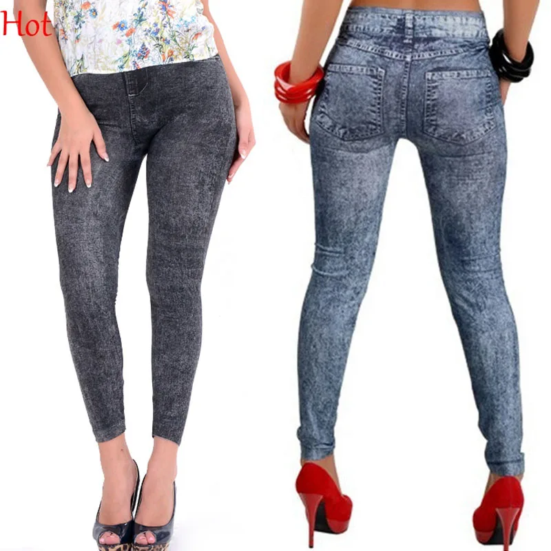 Дешевые новый тонкий ложным имитация джинсы Фитнес леггинсы Для женщин джинсовые леггинсы осень тонкие флисовые леггинсы девять синий