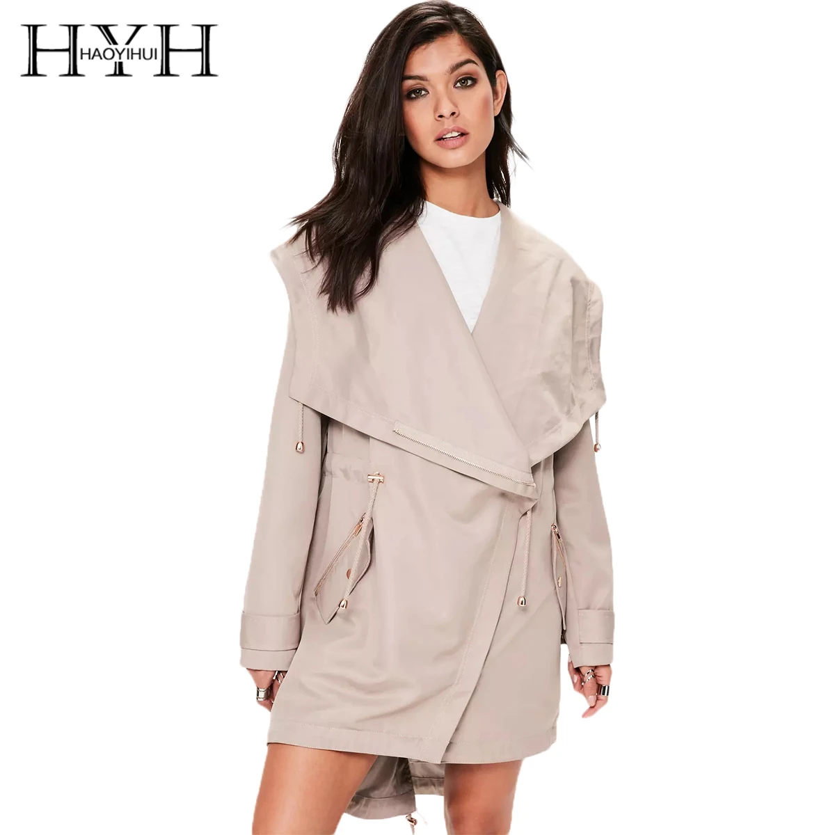 

HYH HAOYIHUI Turn-down Collar Solid Light Pink Women Casual Coat Asymmetric Length Zipper Pockets Button Female Outwears