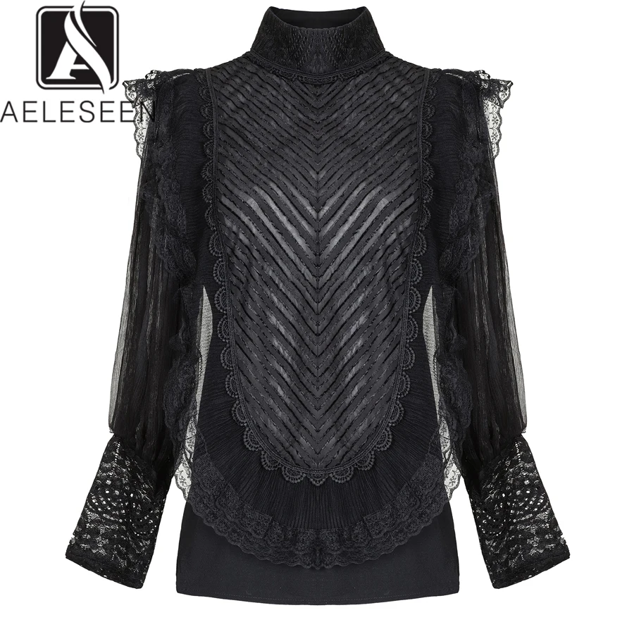

AELESEEN High Quality Shirt 2019 Spring Women's Full Sleeve Ruffles Patchwork Stand Collar Luxury Lace Blouse
