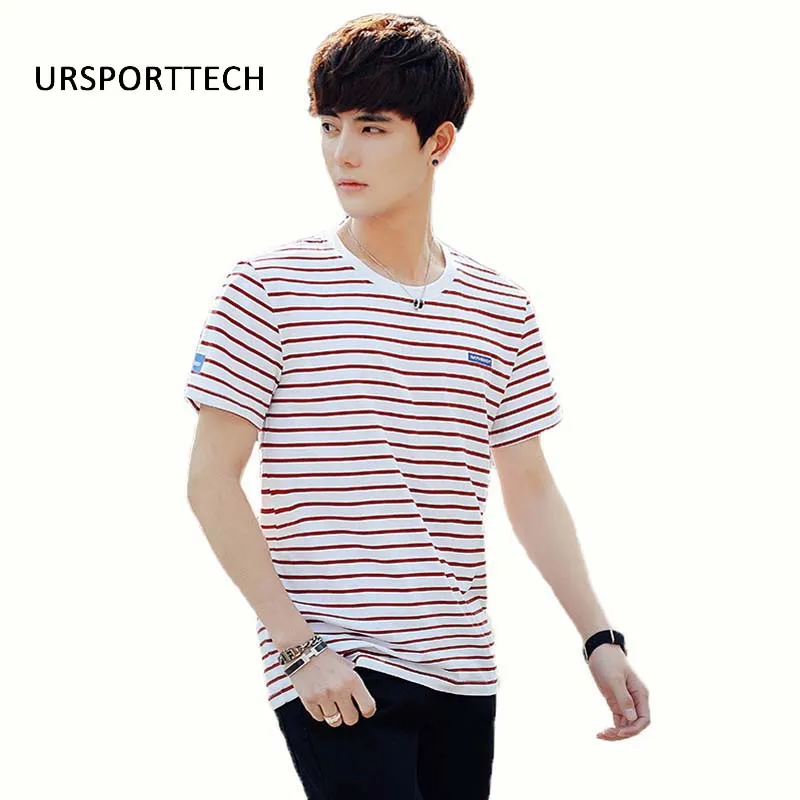 

URSPORTTECH 2017 Spring Summer Short Sleeve T Shirts Men Striped Fashion Tees Slim Fit Plus Size Mens Clothing Fitness Top Tees