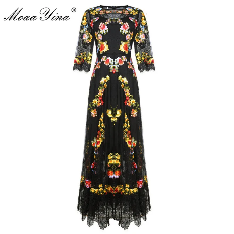 

MoaaYina Fashion Designer Runway dress Spring Summer Women Dress Short sleeve Floral Mesh Embroidery Lace Elegant Dresses