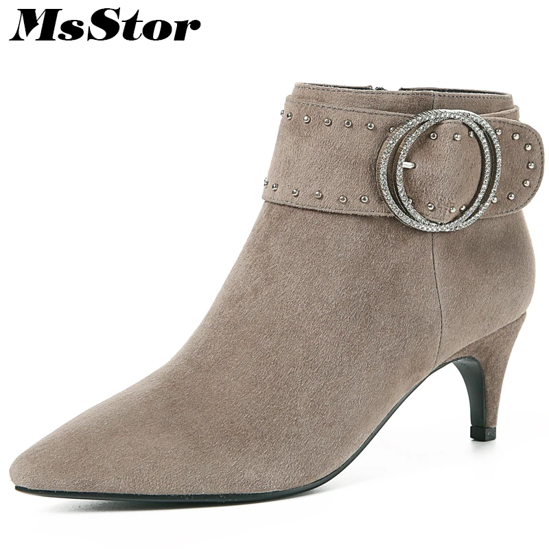 

MsStor Pointed Toe High Heel Boots Shoes Woman Fashion Zipper Buckle Ankle Boots Women Shoes Crystal Thin Heels Women Boots