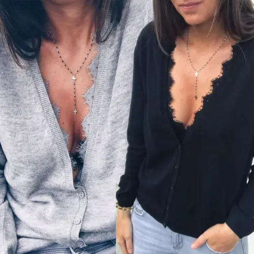 

New Fashion Women's Long Sleeve Loose Blouse Button Casual Summer Dark V Neck Sexy Lace Shirt