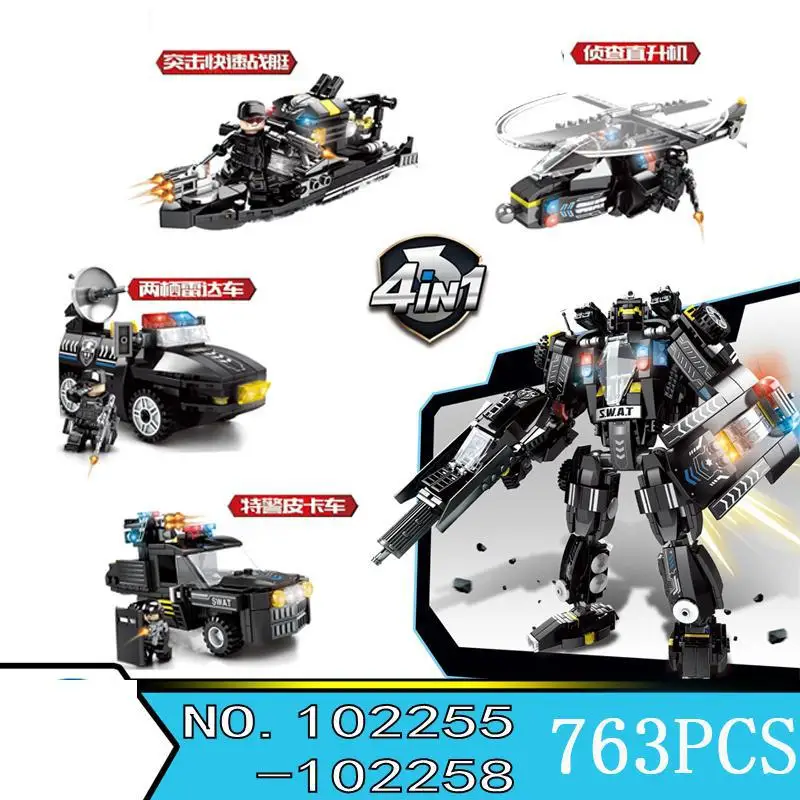 

City Lepins Toy Vehicle 4 In1 Black Haw Swat Truck Shadow Team Blocks Police Diy Construction Building Bricks Toy