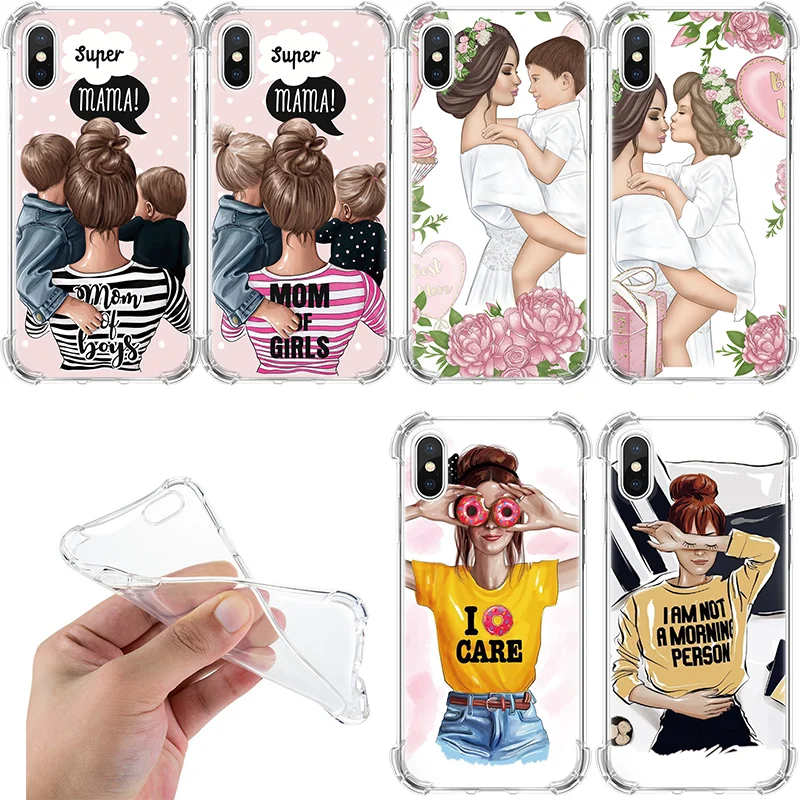 

Airbag Transparent Black Brown Hair Baby Mom Girl Cases Soft TPU For iPhone 5 5S SE 6 6S 8 Plus X XS XR XS Max For iPhone 7 Case