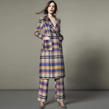 

Hot Sale Women Plaid Wool Coat Fashion Double Breasted Winter Warm Coat With Trousers