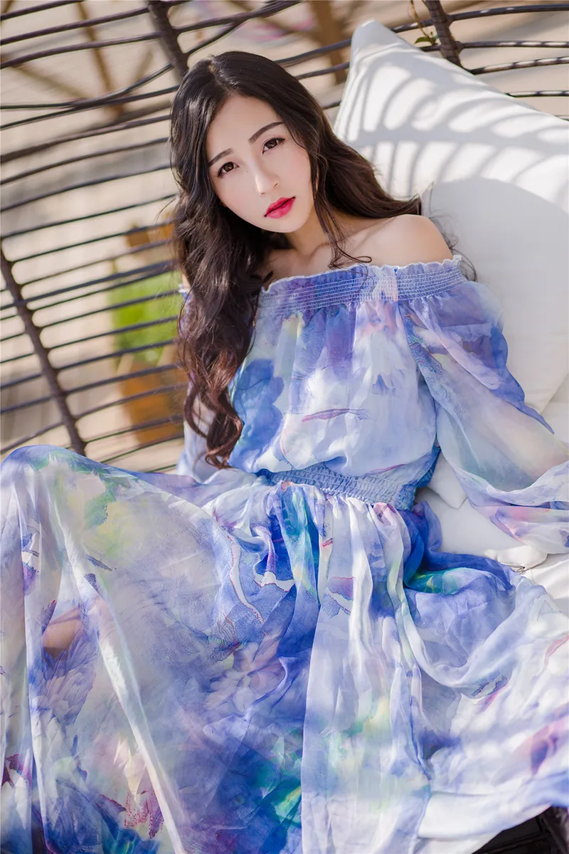 TANG Long Sleeve Summer Dress Foral Tropical Beach Vintage Maxi Dresses Boho Casual Off Shoulder Belt Chiffon Plus Size Dress (3)