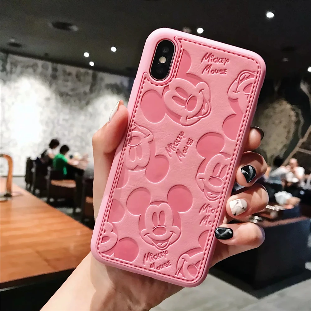 Phone - Cartoon Mickey Minnie Mouse Leather Case For iPhone 8 7 6 6S Plus X Xs Max XR 3D embossing Disneys Painting Soft leather Cover