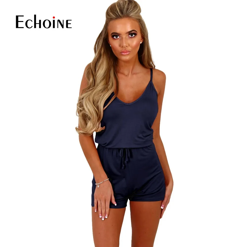 

2019 Sexy Summer Spaghetti Strap Short Playsuit Women Sleeveless V Neck Casual Shorts Jumpsuit Elastic Waist One Piece Playsuits