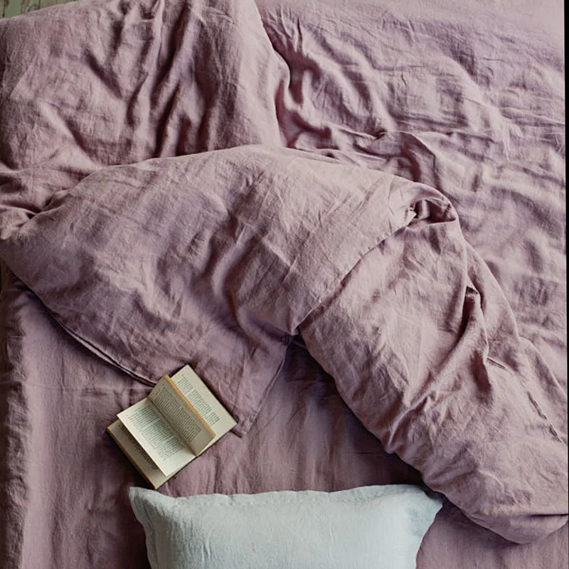 Набор из 4 постельных принадлежностей из натурального льна серого и фиолетового цветов, 1 пододеяльник+ 2 наволочки+ 1 простыня - Цвет: grey purple