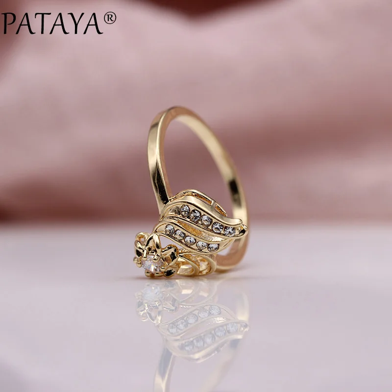 PATAYA New 585 Rose Gold White Rhinestones Round Natural Zirconia Rings Women Wedding Party Cute Girls Simple Fine Gift Jewelry