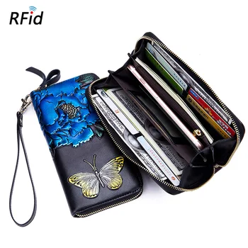 

Women Leather Flower Painted Rfid Anti-theft Long Wallet Multi-card position Bank Credit ID Card Holder Money Bag Purse Clutch