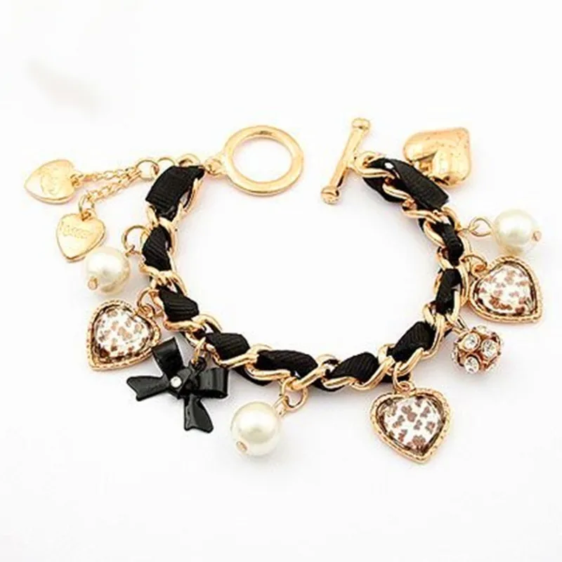

Gril's Love Leopard imitation pearl crystal heart Bracelet Jewelry wholesale!