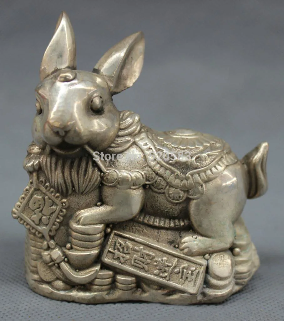 Marked Chinese Silver Year Zodiac Folk Wealth Coin Fu Rabbit Statue Sculpture