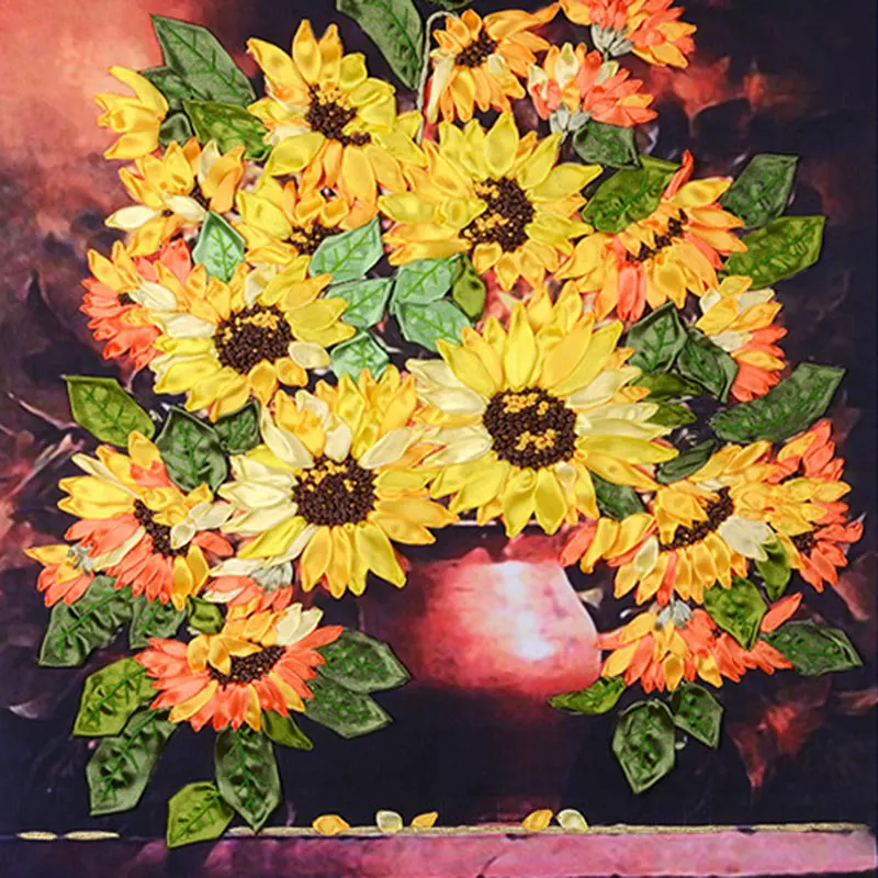 

70X60cm Sunflower DIY 3d Cross Stitch Kit Needlework Unfinished Ribbon Embroidery Painting Stitching Handicraft Gift
