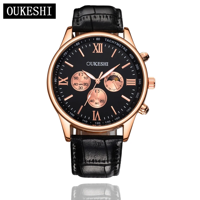 OUKESHI Men Casual Watch New Luxury Brand Mens Leather Rhinestone