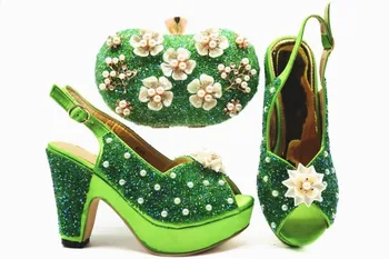 

Hot sale green women pumps with pearl flower decoration african shoes match handbag set for dress X35,heel 10CM