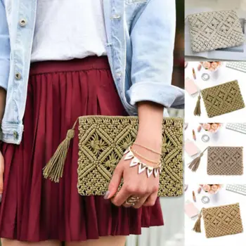 

Women Tassel Clutch Bag Portable Handmade Rope Weaving Bag Key Wallet Bag New
