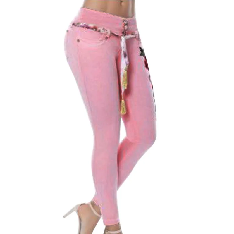 WENYUJH 5XL женские Стрейчевые узкие джинсы с высокой талией и вышивкой, джинсовые брюки с цветочным принтом, женские брюки-карандаш размера плюс - Цвет: pink