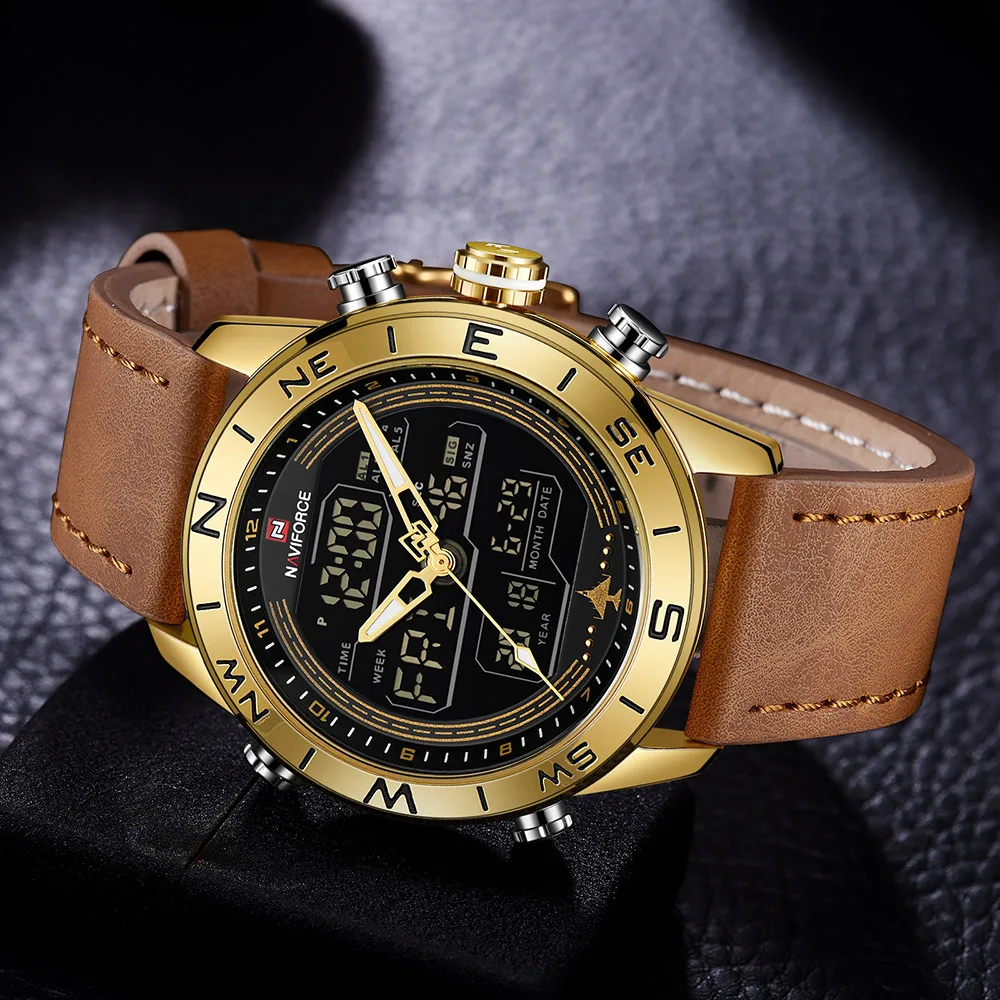  NAVIFORCE 9144 Fashion Gold Men Sport Watches Mens LED Analog Digital Watch Army Military Leather Q