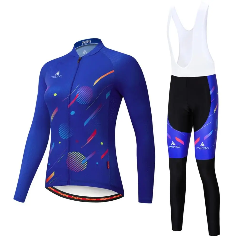 Blue women long sleeve cycling clothes bike cycling jersey bib pants