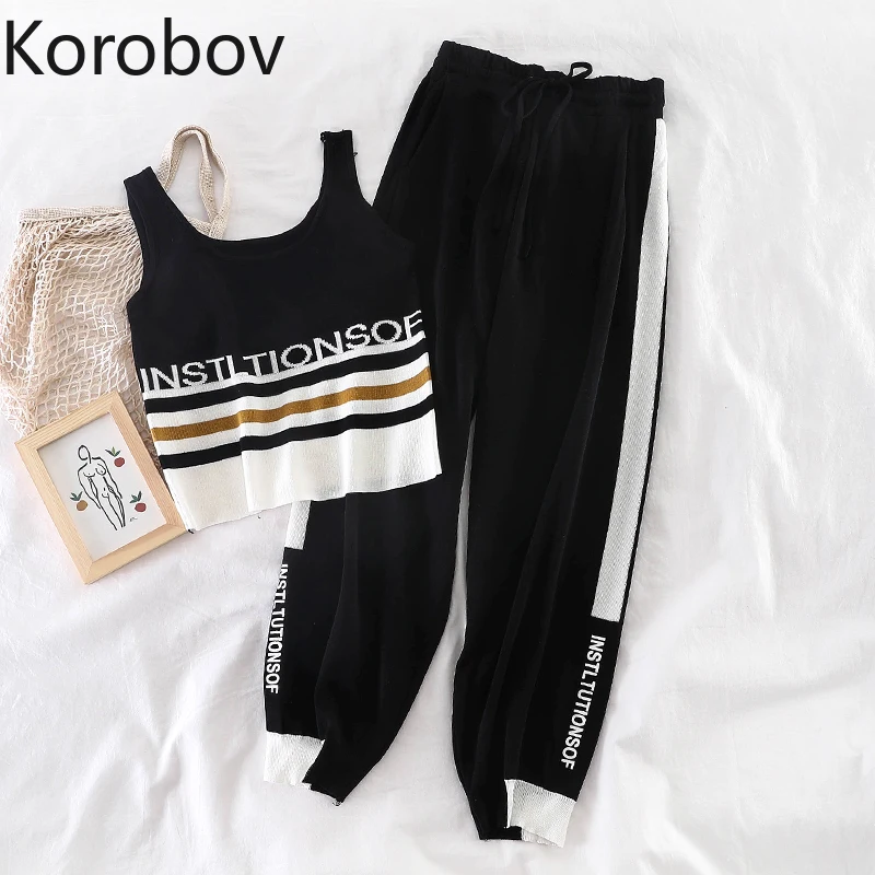 

Korobov Female 2 Piece Sets Outfits Casual Suits Letter Pattern Crop Tank Top and Harem Pants Women Sweatsuit 78703