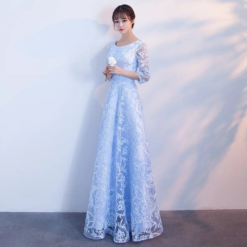 Синие кружевные Сатиновые праздничные платья в восточном стиле китайские винтажные Свадебные Cheongsam элегантные длинные вечерние платья Размер XS-XXL