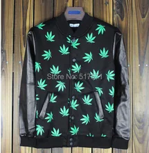 Männer/frauen Harajuku UNKRAUT leaf Baseball Jacke Pu-leder Sleeve Hip Hop Jacken sweatshirt