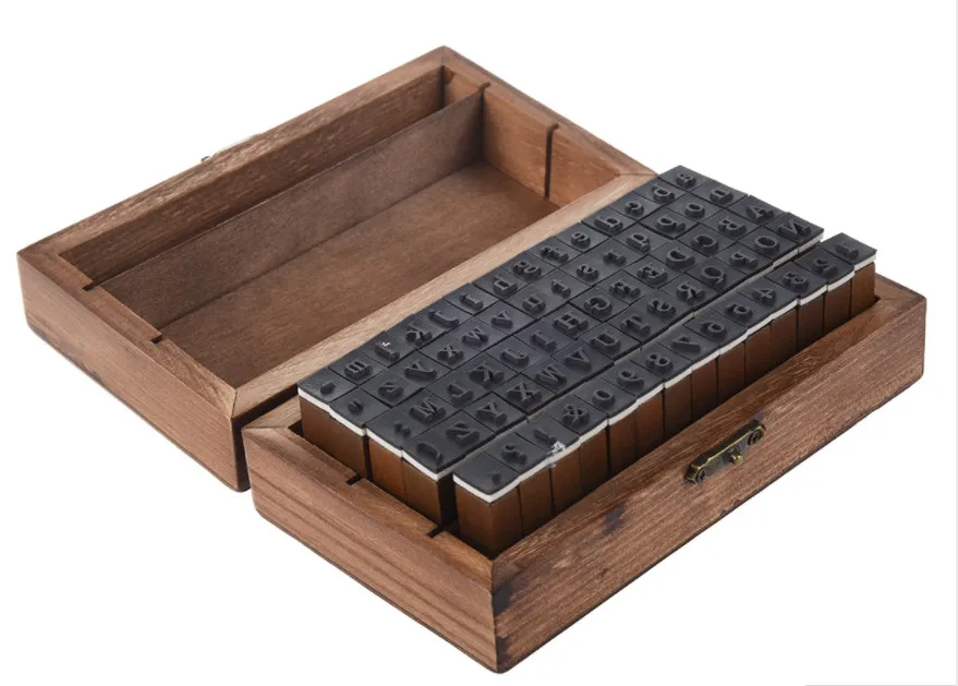 

High quality 70piece/Lot Alphabet Stamps toys Set Vintage Wood Box Case keyboard Letters Number Craft gift