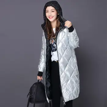 

Metal Golden Silver Hooded Down Jacket Bright Coat Winter Long Padded Cotton Parkas Bomber Zipper Hoodie Cardigan Plus Size Tops