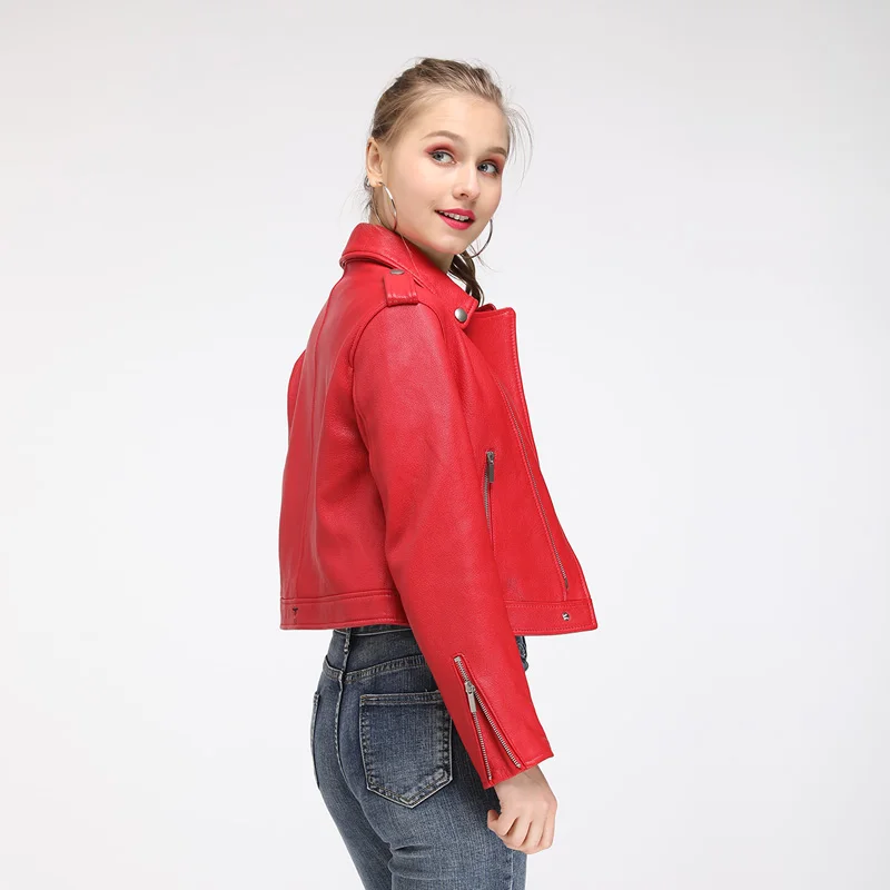 Maylofuer Genuine Leather Jacket Women Fashion Bright Colors Black Motorcycle Coat Short Biker Jacket Soft Coats Female