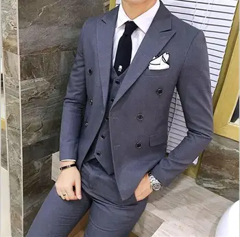 Najtaniej 2018 Krawiec Palenia Szary Mężczyźni Garnitur Elegancka Typu Slim Fit Groom 3 Sztuka Garnitury ślubne Smoking Marynarka Na Studniówkę Kurtka Masculino + Spodnie + Kamizelka
