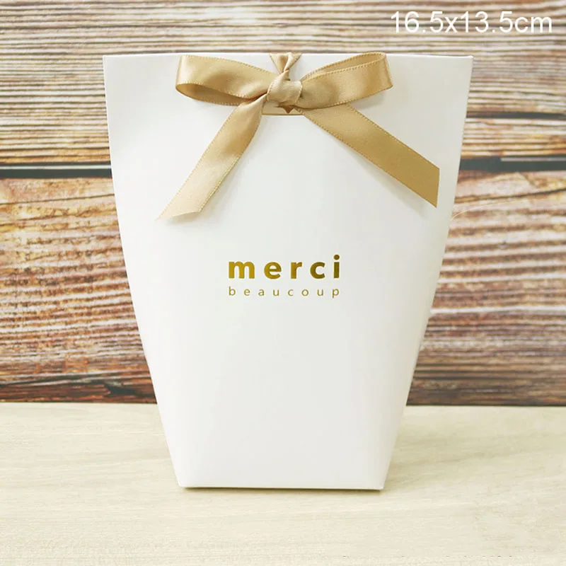 5pcs Upscale Black White Bronzing "Merci" Candy Bag French Thank You Wedding Favors Gift Box Package Birthday Party Favor Bags