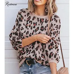 Rockmore вязаный свитер с леопардовым принтом и длинным рукавом для женщин, винтажные свободные пуловеры, свитера для женщин, пуловер для