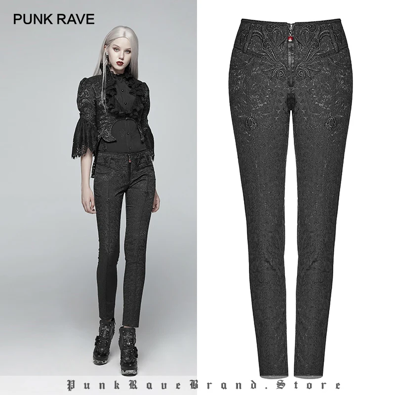 

PUNK RAVE New Gothic Women's Black Positioning Embroidery Jacquard Trousers with Dark Red Zipper Pendant Women Harajuku Pants