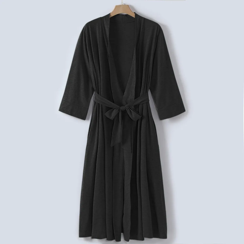 MUQGEW women nightwear sexy long bathrobe cotton Women's 4/3 Sleeve V-neck Lightweight With Belt Long Robe Bathrobe Sleepwear#g3