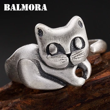 

BALMORA Real 990 Pure Silver Jewelry Cute Cat Finger Rings for Women Girl Party Gifts Fashion Animal Open Ring Anillos SY21549