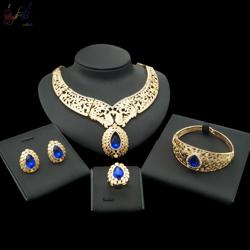 

Free Shipping YULAILI Big Necklace Bracelet 22 Carat Gold Color Jewelry Sets For Ladies
