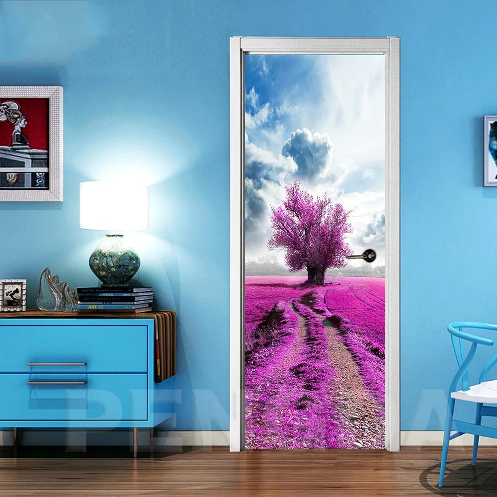 

3D Door Sticker DIY Home Decor Tree Flower Scenery Print Art Picture Decal Self Adhesive Waterproof Mural For Bedroom Renovation
