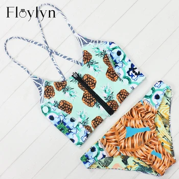 

Women Pineapple Print Front Zipper Sling Bandeau Triangle Bikinis Set Sexy Swimwear Double Sided Swimsuit Brazilian Bathing Suit
