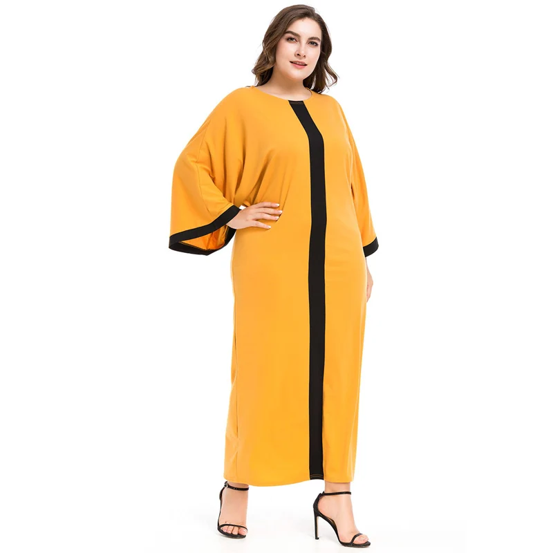 Контрастный цвет мусульманское платье абайя мусульманская одежда для Дубай одежда для женщин рукав «летучая мышь» широкие манжеты повседневные свободные полосатые Musulmane желтый