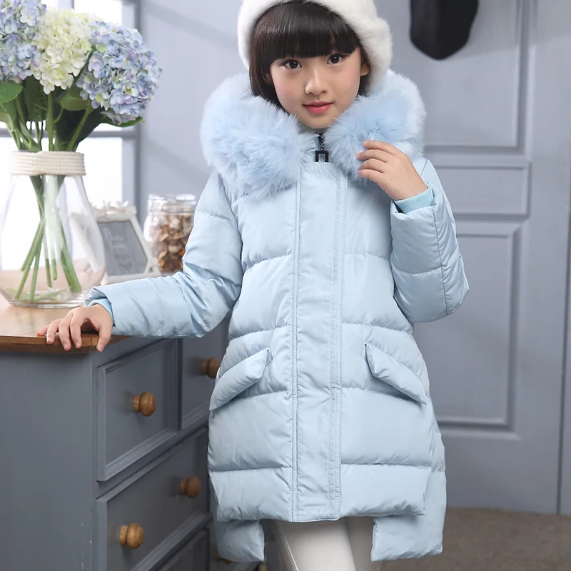 Зимние Модные пуховики/пальто для девочек, зимние пальто для маленьких девочек плотная теплая куртка на утином пуху детская верхняя одежда, куртки для температуры до-30 градусов - Цвет: Небесно-голубой
