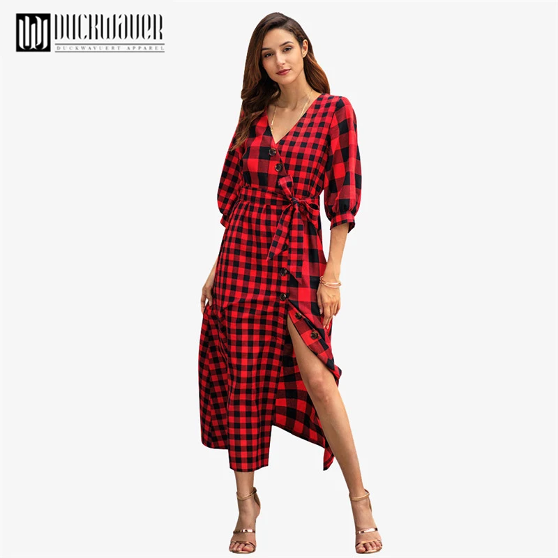 

Duckwaver 2019 Sexy v-neck plaid women dress Elegant casual streetwear summer dress Button linen ladies dress vestidos C3078