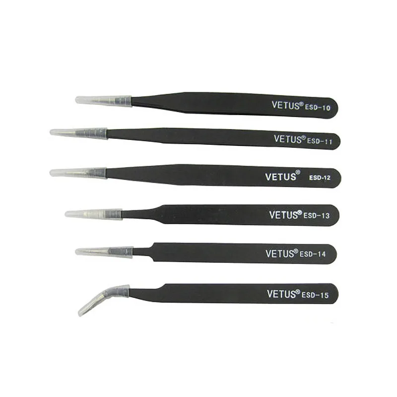 6pcs a lot VETUS BGA Precision ESD10-15 Stainless Steel Anti-static Tweezers SMD for Reworking Soldering Hand Tools