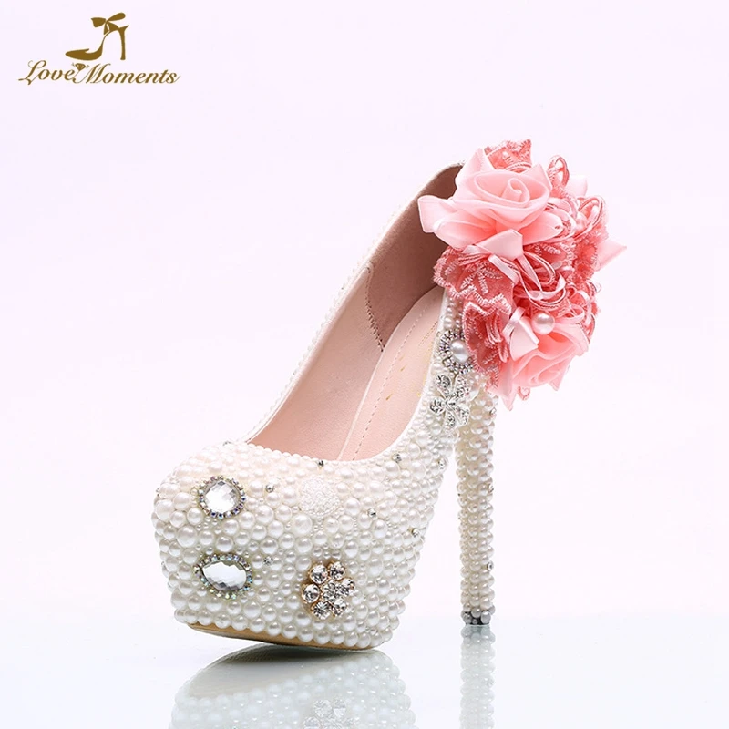 

White Pearl Wedding Shoes with Pink Lace Appliques Custom Made Women High Heels White Platforms Graduation Prom Pumps Size 42